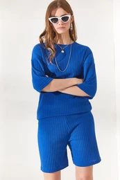 Women's Saxe Blue Bottom Short Leggings Top Loose Blouse Suit