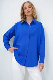 Trend Alaat Stili Women's Saxe Blue Oversize Long Woven Shirt
