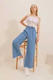 Trend Alaat Stili Women's Dark Blue Legs Tasseled High Waist Palazzo Jeans