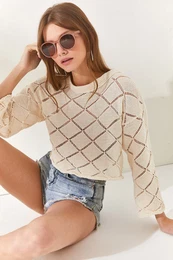 Women's Stone Diamond Patterned Openwork Cotton Knitwear Blouse