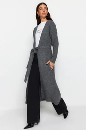 Anthracite Belted Long Thessaloniki Knitted Sweater Cardigan