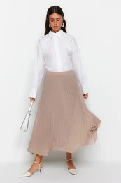 Beige Pleated Woven Chiffon Skirt With Elastic Waist Lined and