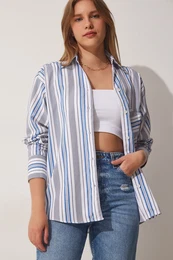 Happiness stanbul Women's White Blue Striped Oversize Cotton Shirt
