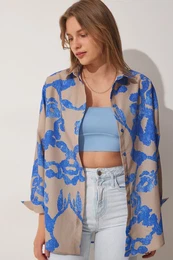 Happiness stanbul Women's Blue Beige Patterned Oversize Poplin Shirt