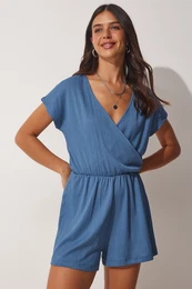 Happiness stanbul Women's Indigo Blue Wrapped Collar Short Knitted Jumpsuit with Shorts