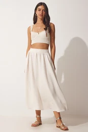 Happiness stanbul Women's Cream Pocketed Woven Flared Skirt