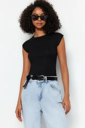 Black Premium Viscose/Soft Fabric Fitted/Fits the Body Moon Sleeve Knitted Blouse