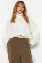 Ecru Crop Soft Textured Turtleneck Knitwear Sweater
