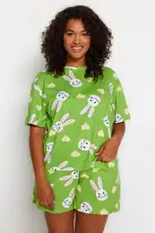 Curve Green Rabbit Printed Cotton Knitted Pajamas Set
