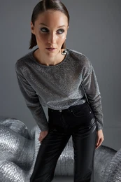 Black Lurex Crew Neck Regular/Normal Fit Transparent Tulle Knitted Blouse