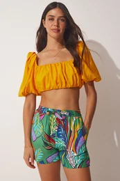 Happiness stanbul Women's Orange Green High Waist Summer Viscose Shorts