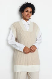 Stone Color Block V Neck Thessaloniki Knitwear Sweater