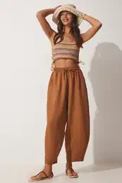 Happiness stanbul Women's Camel Pocketed Linen Viscose Baggy Pants