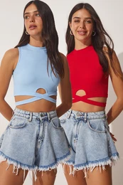 Happiness stanbul Women's Red Blue 2 Pack Barbell Neck Ribbed Crop Knitted Blouse