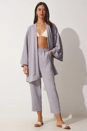 Happiness stanbul Women's Gray Kimono Trousers Set