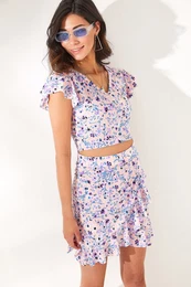 Women's Salmon Big Flower Skirt, Wrapped Top and Bottom Set