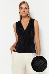 Black Premium Pleated V Neck Regular Pattern Knitted Blouse