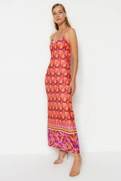 oranno tiskana posebna teksturirana pletena obleka maxi doline