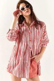 Women's Orange Asymmetrical Striped Oversized Shirt