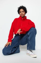 Red Super Crop pulover za pletenine z zadrgo