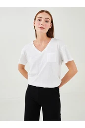 Women's V-Neck Plain Pocket Detailed Short Sleeve Cotton T-Shirt