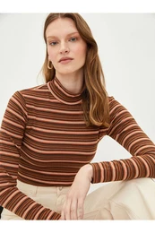 High Collar Striped Long Sleeve Women's T-Shirt