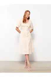 Women's V-Neck Striped Short Sleeve Poplin Dress