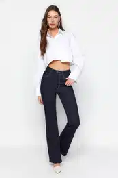 Navy Blue High Waist Flare Jeans s podrobnostmi ivanja