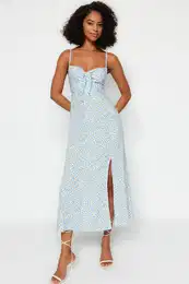 Blue Floral Print Straight Cut Tie Detailed Strappy Woven Dress