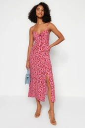 Red Floral Print Straight Cut Tie Detailed Strappy Woven Dress