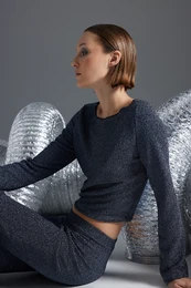 Anthracite Shiny Boat Neck Regular/Regular Fit Crop Long Sleeve Elastic Knitted Blouse