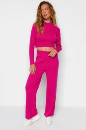 Fuchsia Crop Basic Knitwear Two Piece Set