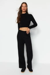 Black Crop Basic Knitwear Two Piece Set