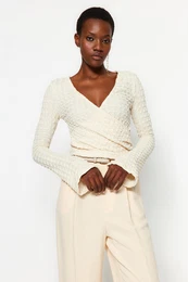 Beige Premium Textured Fabric Double Breasted Neck Regular/Normal Fit Crop Knitted Blouse