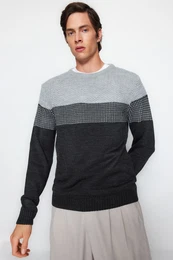Grey Slim Fit Slim Fit Crew Neck Color Block Sweater