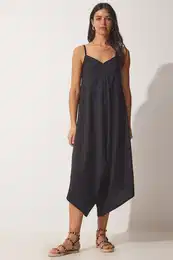 Happiness stanbul Women's Black Strapless Oversized Flowy Baggy Overalls