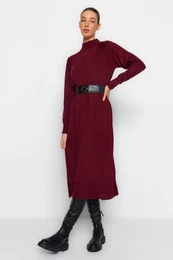 Burgundy Faux Leather Belted Stand Collar Knitwear Dress