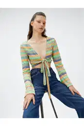 Crochet T-Shirt Long Sleeve Front Tie V-Neck
