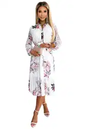 Pleated button-down long-sleeved midi dress