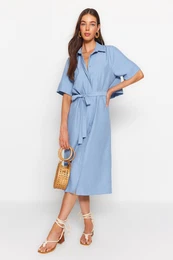 Blue Beltted Back Detailn Midi tkan koilov aty