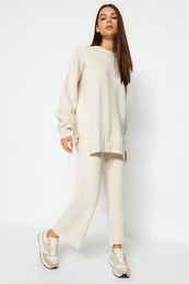 Beige Wide Pattern Balloon Sleeve Knitwear Top-Top Set