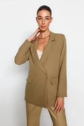 Light Khaki Regular Lined Double Breasted Closure Woven Blazer Jacket