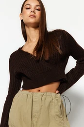Brown Crop Mkk texturovan dvouad pleten svetr