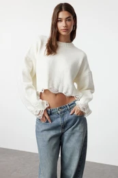 Ecru Crop Super Wide Fit Mkk texturovan pleten svetr