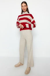 Stone Wide Pattern Striped Knitwear Top-Bottom Set