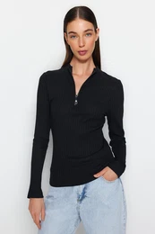 Black Zipper Collar Fitted/Fit-fitting Ribbed Stretchy Knitted Blouse