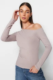 Mink Boat Neck Off Shoulder Gathered Fitted Cotton Stretchy Knitted Blouse