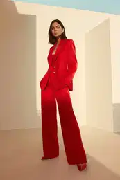 Dark Red Oversize Lined Double Breasted Closure Woven Blazer Jacket