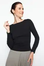 Black Cotton Stretchy Boat Neck Fitted Stretchy Knitted Blouse