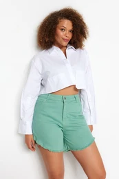 Curve Mint Fringed Tasseled Flexible Skinny Denim Shorts & Bermuda